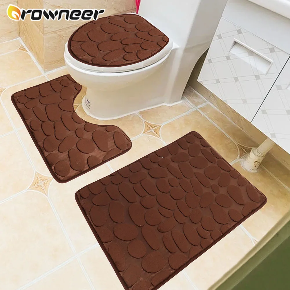3pcs Bathroom Mat Set Cobblestone Pattern Anti-slip Absorbent U Shape Floor Rug Toilet Lid Cover Shower Room Carpet Home Décor