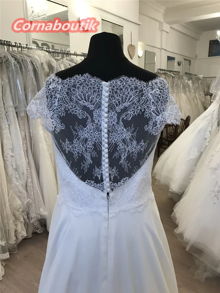 

Beautiful A Line Robe De Mariage Wedding Dress COR-069Crepe Lace Bridal Gown Cacp Sleeves See Through Back Plus Size Custom Made