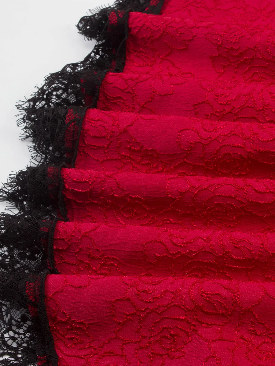 

Sale Red Women A Liner Dress Summer 2021 Vintage Short Sleeve Lace Female Robe Elegant Retro Midi Dresses Femme Vestiods