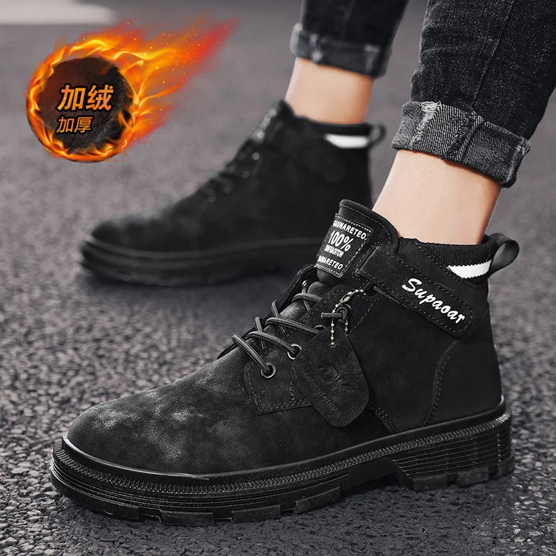 

Теплые Зимние ботильоны, мужская повседневная обувь на липучке, Осенние фетровые водонепроницаемые ботинки для инструментов, бархатные зи...