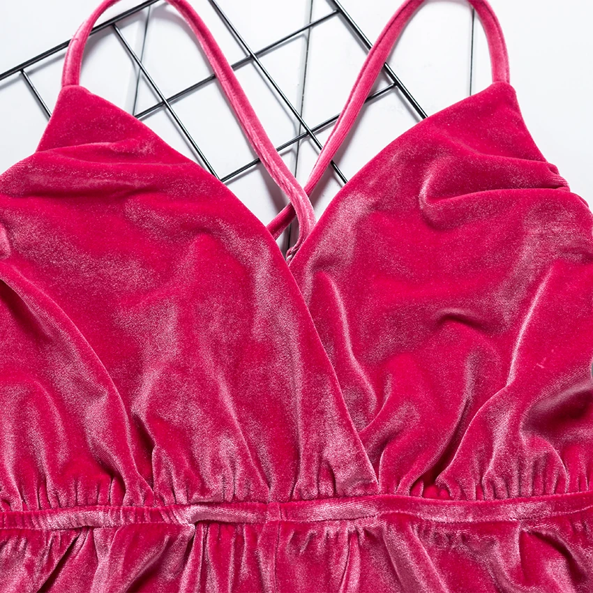 Suphis Backless Cross Spaghetti Strap Playsuits Rompers Women Sexy Bodysuits Pink Velvet Summer Jumpsuits Ladies 2020 |