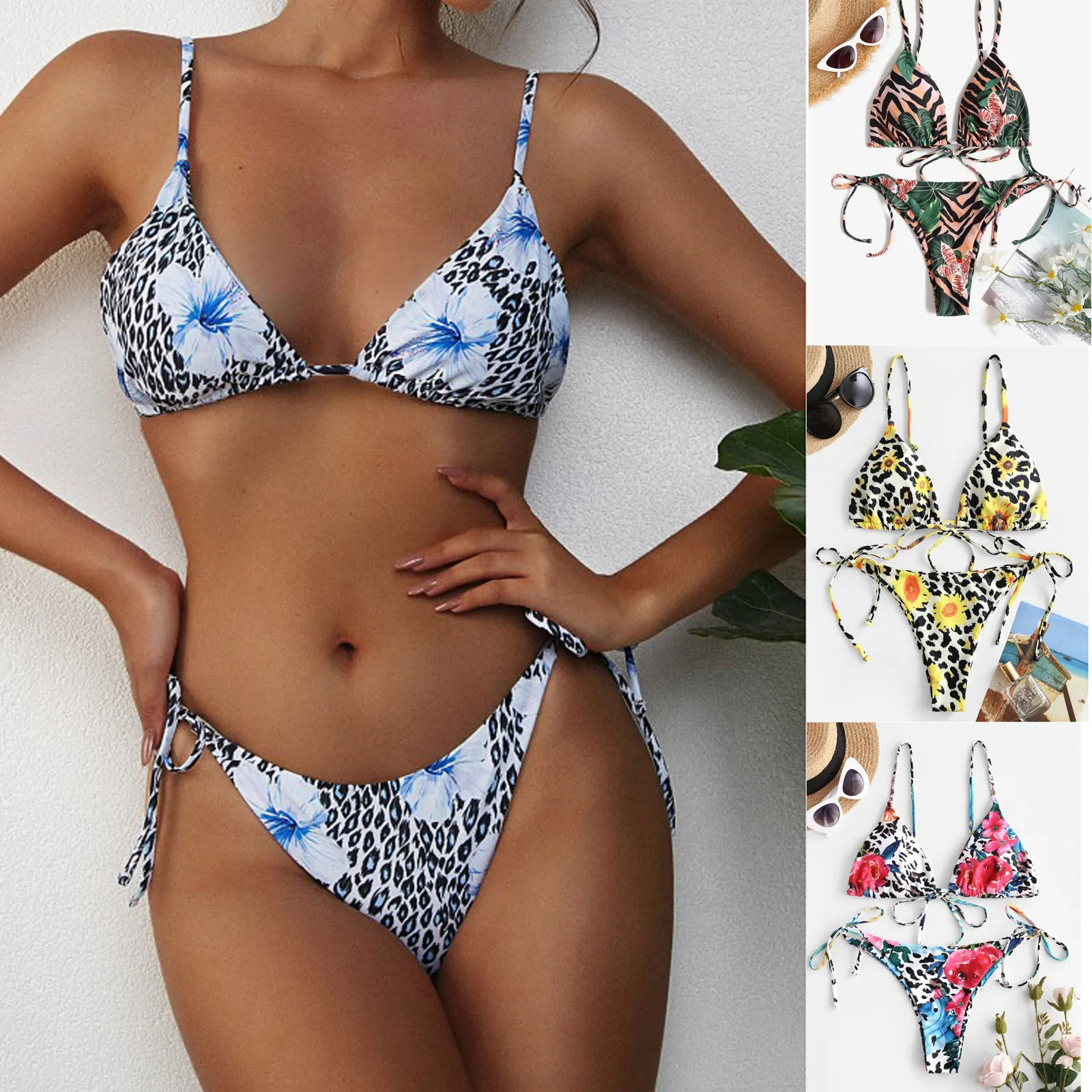 

Sun Flower Bikini Set For Women Floral Leopard Print Swimsuit Set Lace-up Padded Swimwear Two Pieces Bathing Suit Beachwear