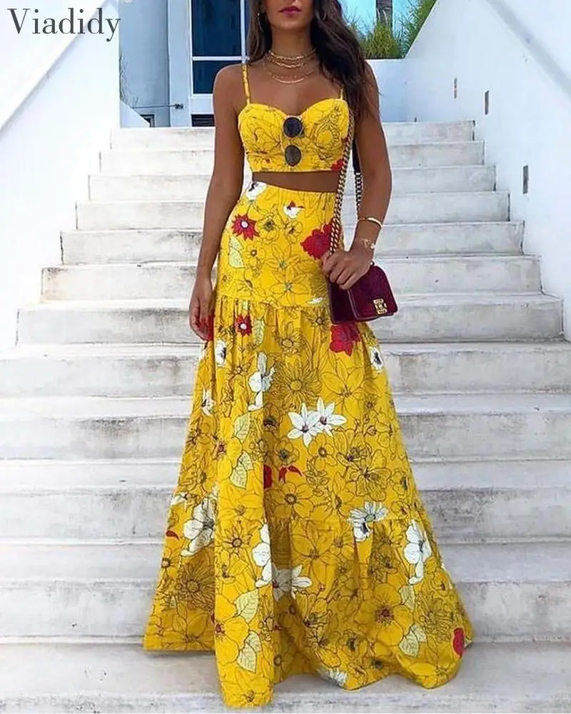 

Women Summer Floral Print Two-Piece Maxi Dress Two Pieces Set Sexy Top and Long Skirt Party Outfit Club Two Piece Set