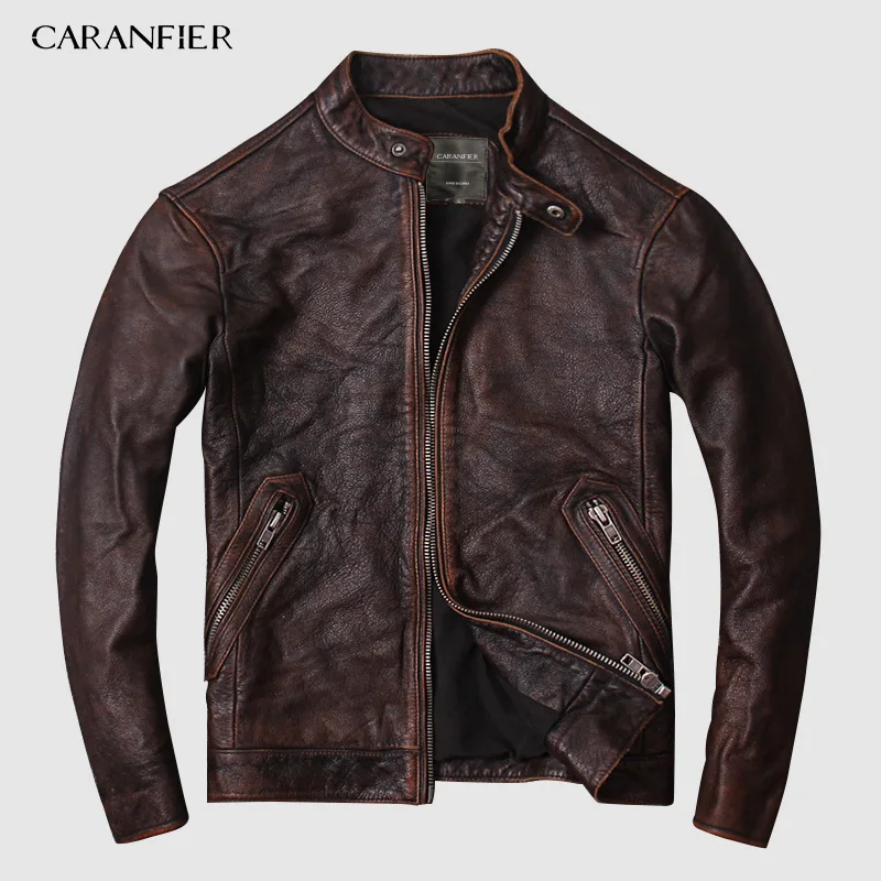 SKT001Brown CARANFIER DHL Мужская куртка из натуральной воловьей кожи высокое качество старая ретро мотоциклетная кожаная куртка 3XL - Цвет: SKT001Brown