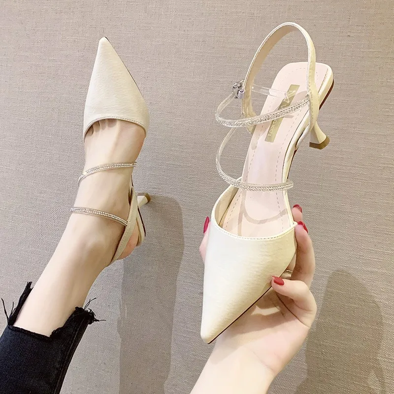 

Pointed High Heels Sandals Women New Summer Shoes Woman Fashion Rhinestone Riband Buckle Strap Silver Ankle Strap Ladies Shoes