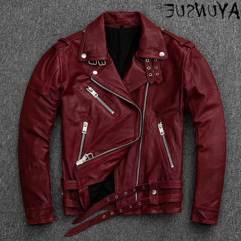 

Leather Genuine Sheepskin Jacket Men Clothing Motorcycle Jackets Mens Autumn Coat Burgundy Clothes Veste Homme LXR779