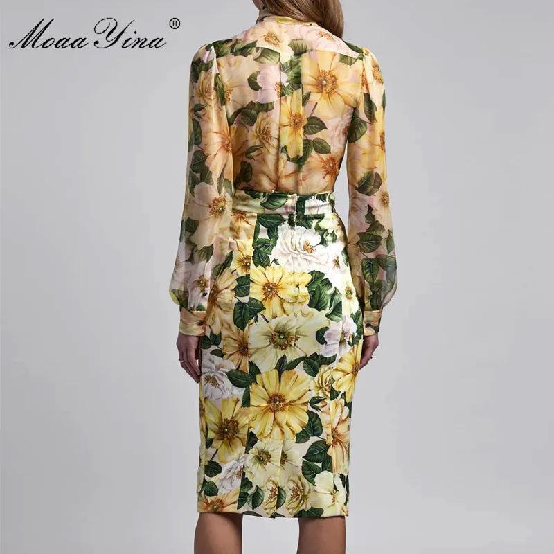 

MoaaYina Fashion Designer Set Spring Summer Women's Long sleeve Silk Shirt Tops+Skirt Camellia Floral Print Two-piece set