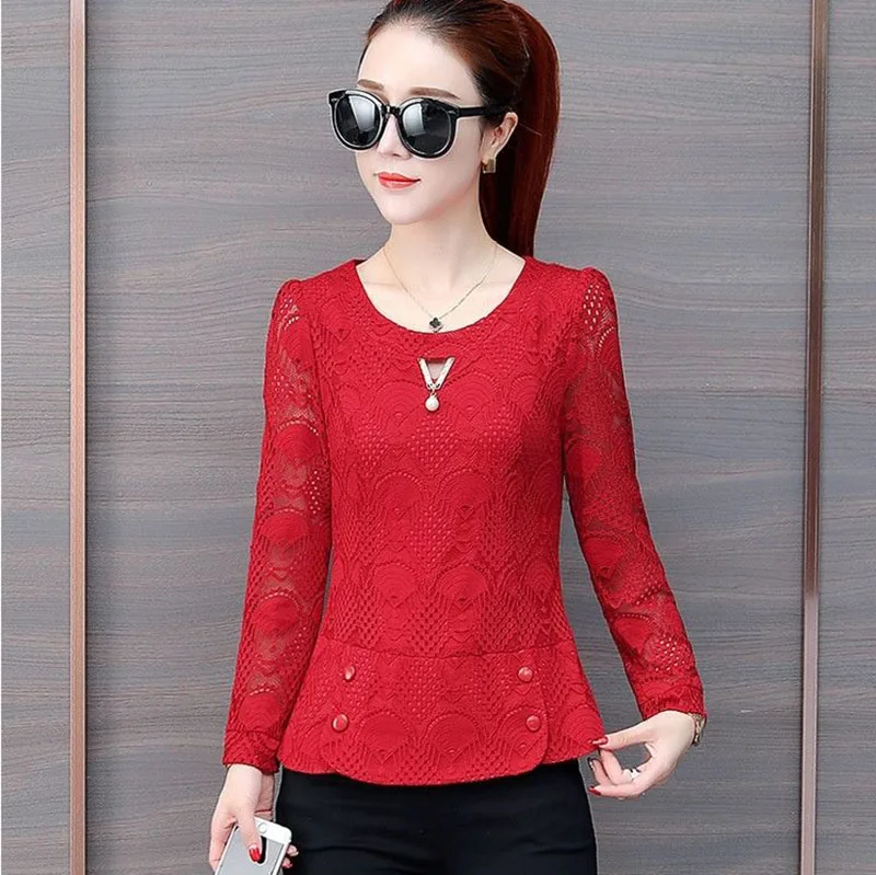Женские кружевные блузки рубашки повседневные с длинным рукавом и круглым