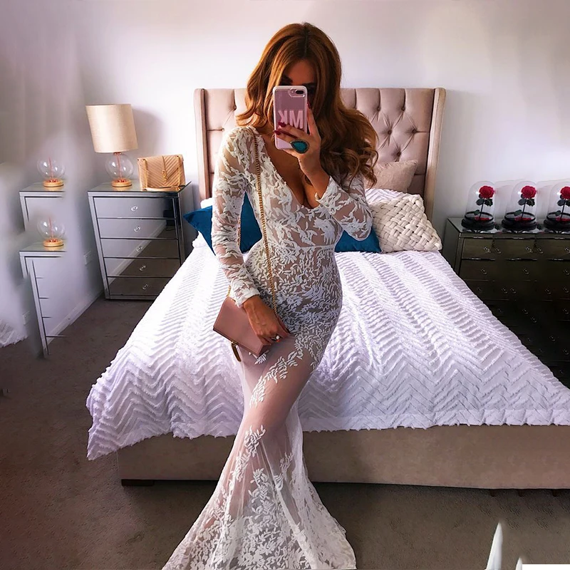 

Women Sexy V-neck Lace Perspective Long Ddress Embroidered Big Swing Maxi White Lace Dress Runway See-through Party Dress
