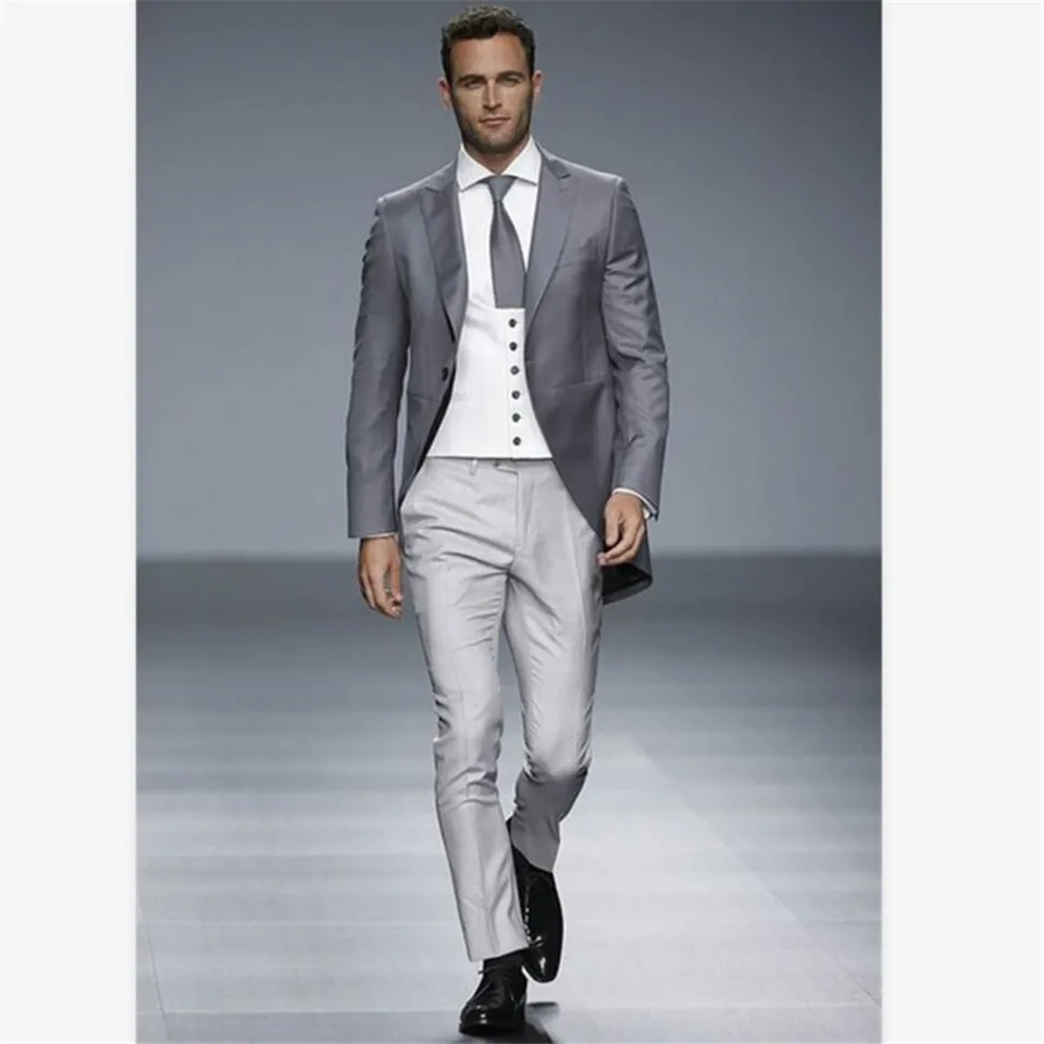

New Classic Men's Suit Smolking Noivo Terno Slim Fit Easculino Evening Suits for Men Gray Tailcoat Groom Blazer Wedding Prom