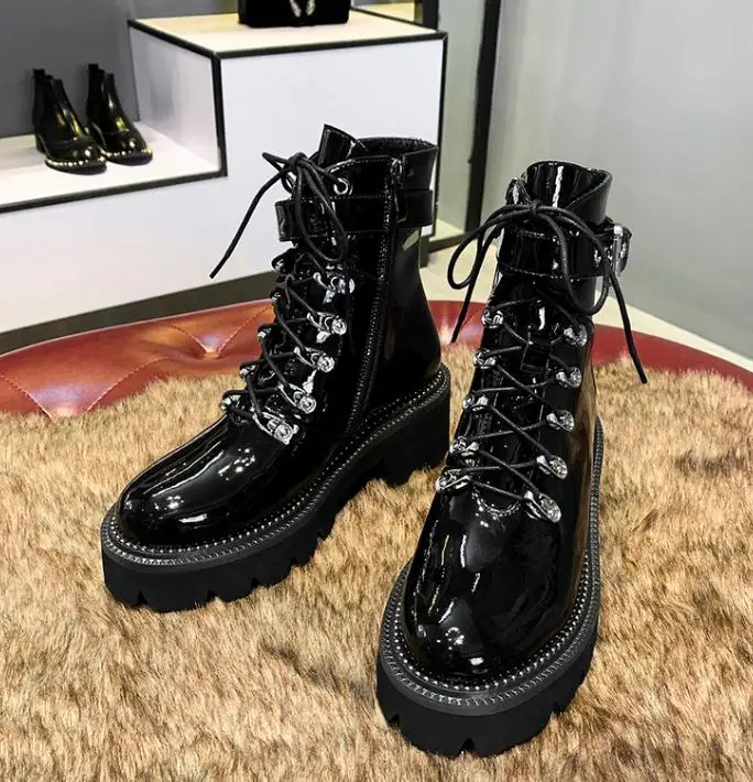 

high quality Women Motorcycle Boots Autumn Fashion Patent PU Round Toe Lace-up Combat Shoes Black punk boots