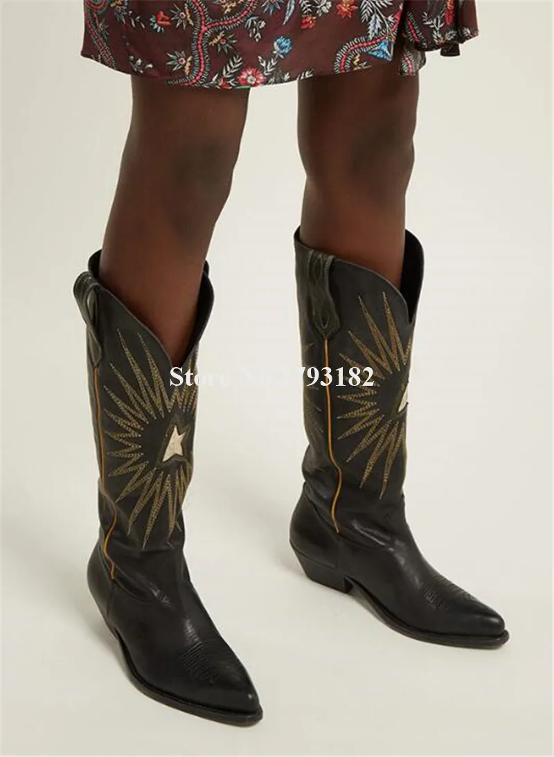 

Western Fashion Women Pointed Toe Low Heel Cowboy Knee High Boots Embroidery Printed Long Chunky Low Heel Boots Knight Boots