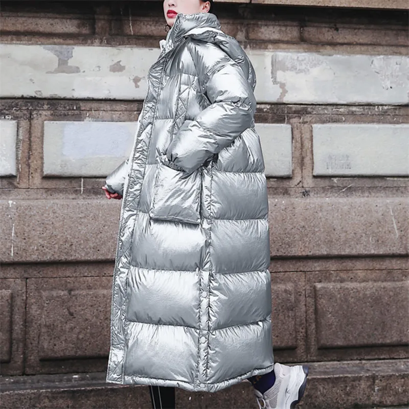 Harajuku винтажная Яркая Лента X-long размера плюс пуховое хлопковое Стеганое пальто Женская Повседневная Свободная верхняя одежда с капюшоном зимняя куртка PP054