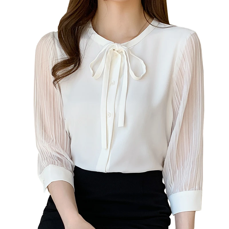 

2021 spring and summer fashion professional chiffon shirt mid-sleeve bowknot white three-quarter-sleeved top women