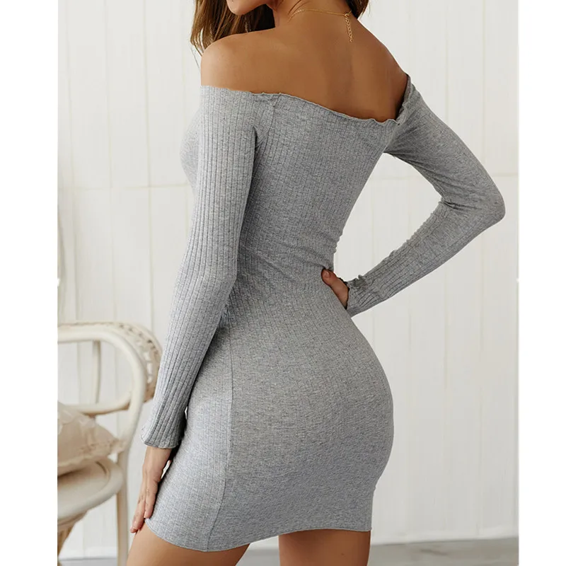 

Leosoxs Spring Autumn Slash Neck Long Sleeve Women's Dress Casual Solid Sexy Off Shoulder Button Package Hip Ladies Mini Dresses