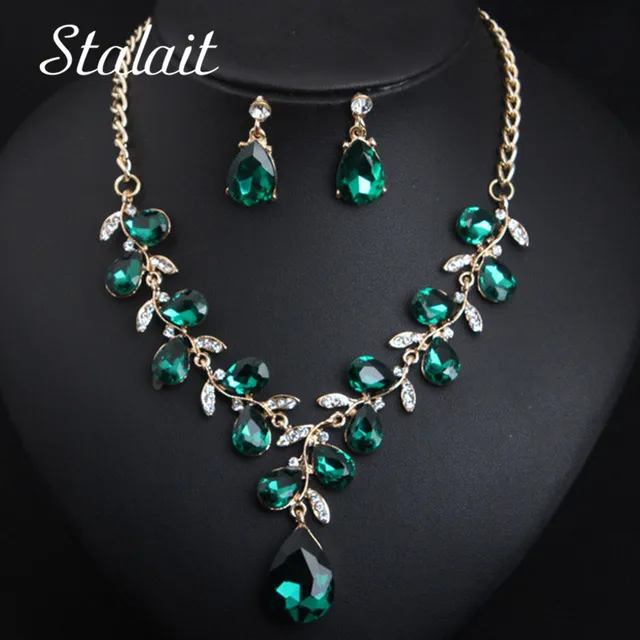 Leaf Jewelry Sets Bridal Gold Color Necklace Earrings Green Water Drop Crystal For Women Fashion Jewelry Set Accessories 1