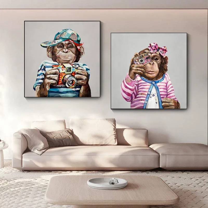

Boy and Girls Monkey Holding Camera Oil Painting on Canvas Abstract Animal Prints Posters Decor Living Room Home Wall Cuadros