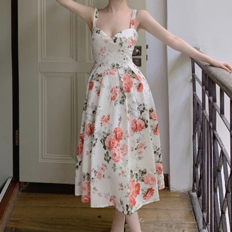 

2021 New Fashion Flower Print Pleated Slim Maxi Dress Summer Women Clothes Sexy Holiday Spaghetti Strap Dress Vestidos De Verano