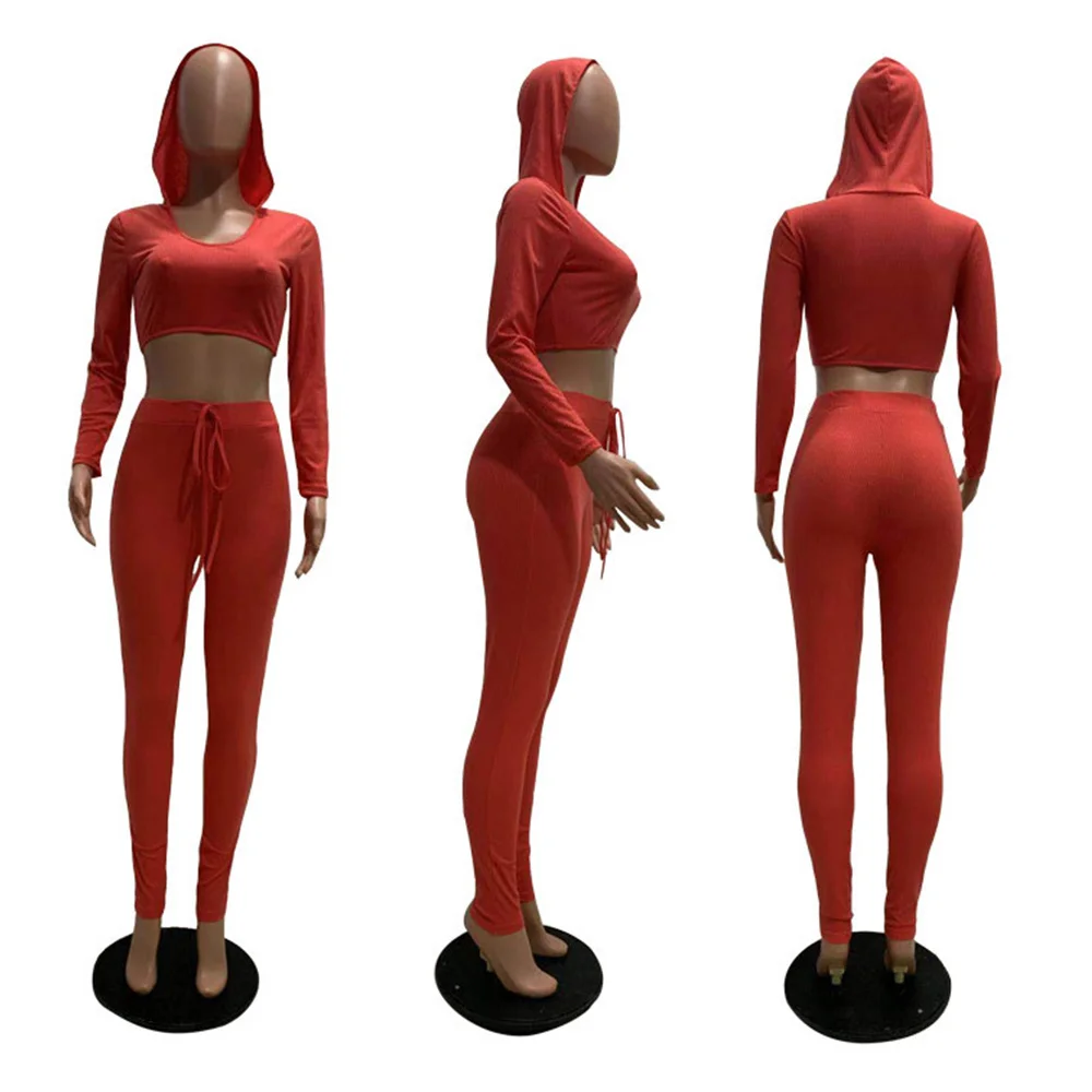 

Ribbed Knit Elastic Hight Crop Top and Skinny Legging Two Piece Sets Solid Fashion Bodycon Casual Women Full Sleeve Co-ord Sets