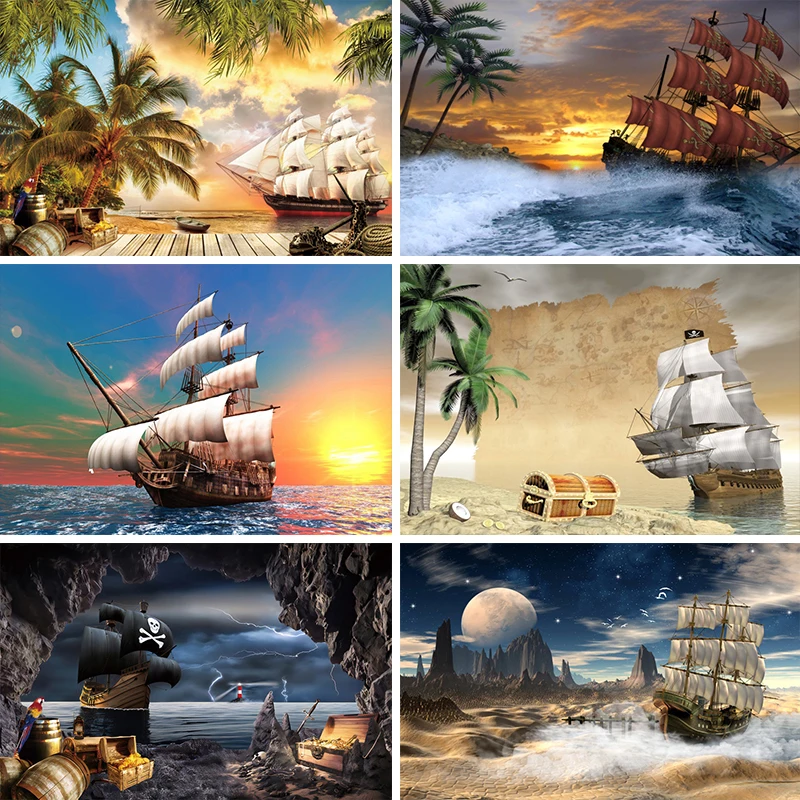 

Laeacco Summer Old Wooden Sailboat Palms Tree Pirate Wood Floor Baby Birthday Party Scenic Photo Background Photography Backdrop