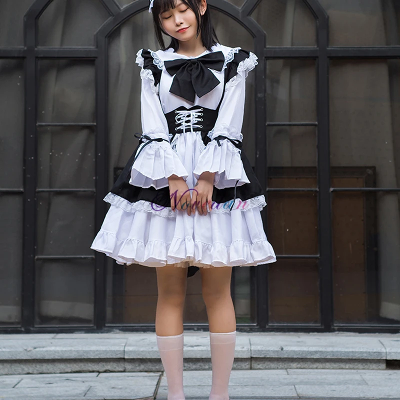 Men Women Maid Outfit Anime Sexy Black White Apron Dress Sweet Gothic Lolita Dresses Cosplay Costume images - 6