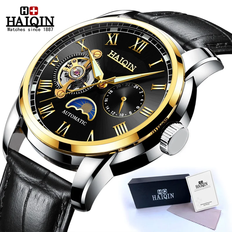 Gold Black HAIQIN водонепроницаемые мужские часы с скелетом из нержавеющей стали, роскошные брендовые прозрачные механические Спортивные мужские наручные часы - Цвет: Gold Black