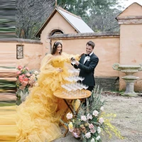 yellow fashion elegant exquisite women dress tulle ruffle layered floor length with train evening dress custom made plus size