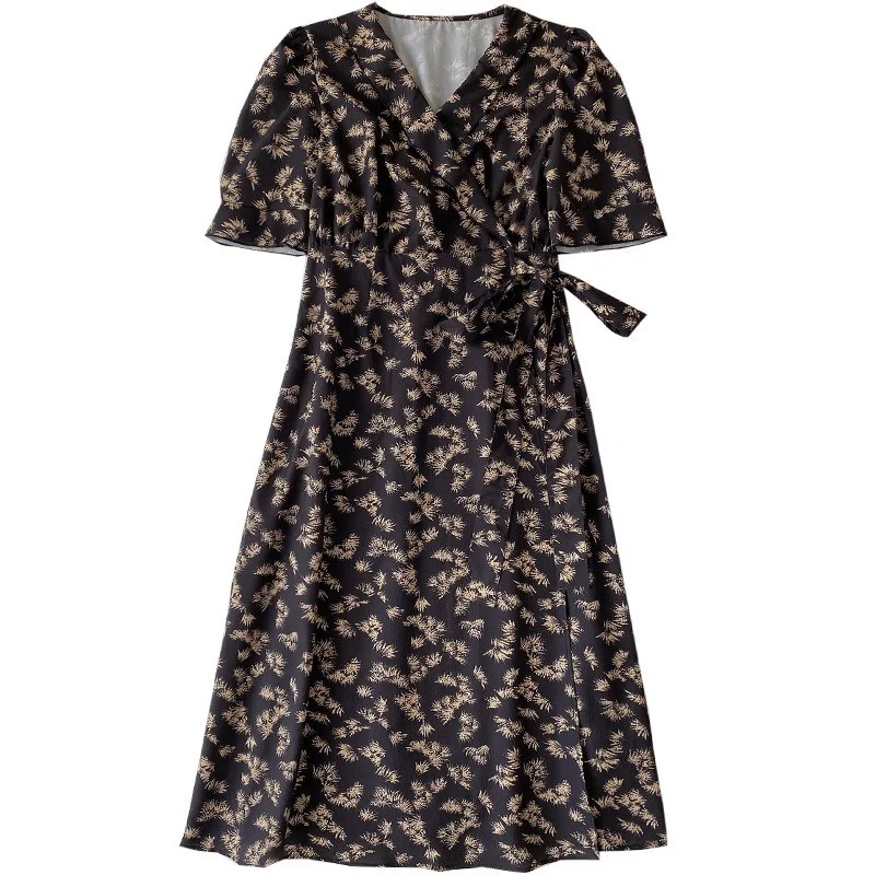 

Vintage Cross Lace Up V-neck Puff Sleeve Dresses Women 2021 Summer New High Waist Slim A-line Print Dress Send Camisole