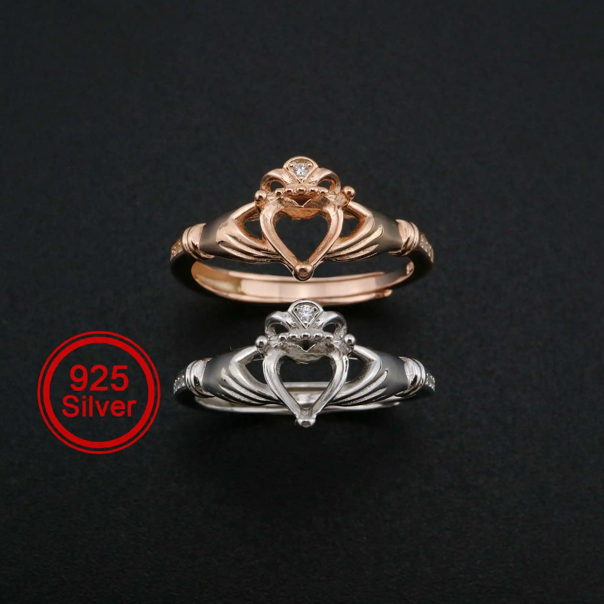 

6MM Heart Prong Claddagh Ring Settings Rose Gold Plated Solid 925 Sterling Silver Adjustable Ring Bezel for Gemstone 1294232