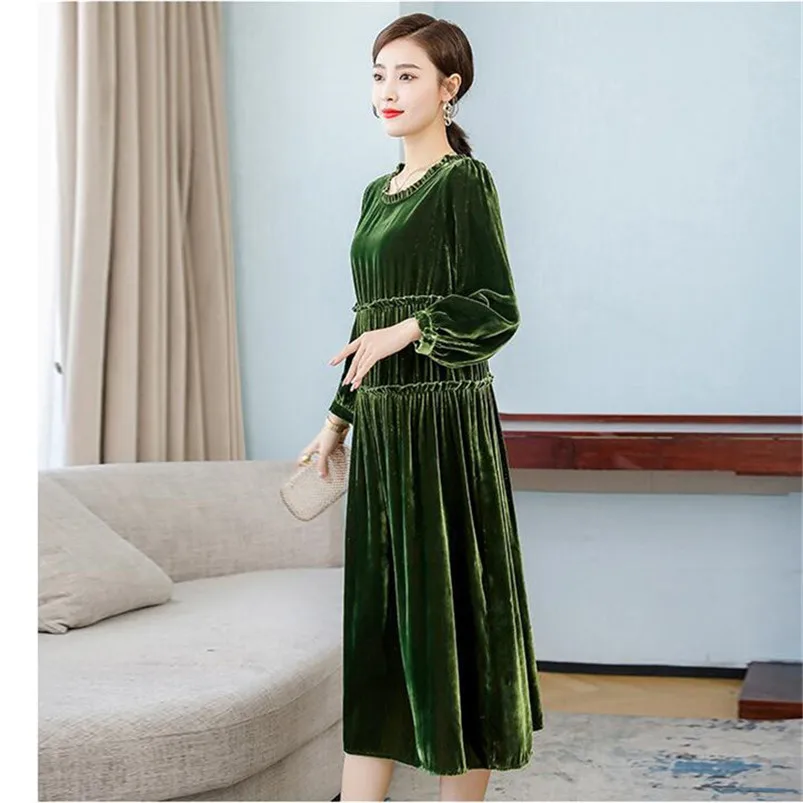 Модные женские миди платье воротник с рюшами бархатные вечерние на осень/зиму