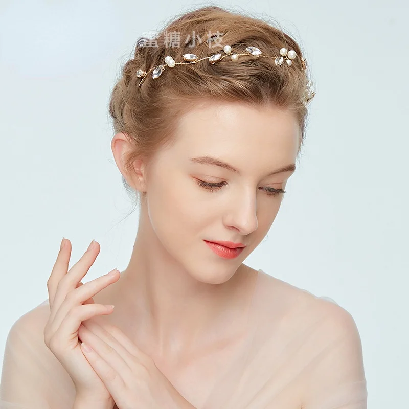 Gold Handmade Pearl Hair Vine Crystal Head Piece Bridal Wedding Headpiece Women Headwear For Party Bride Jewelry Accessories | Украшения и