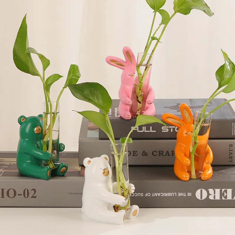 

Nordic Bear and Rabbit Mini Vase Glass Test Tube Hydroponic Flower Vase Flower Cartoon Animal Plant Potted Gift Home Decor