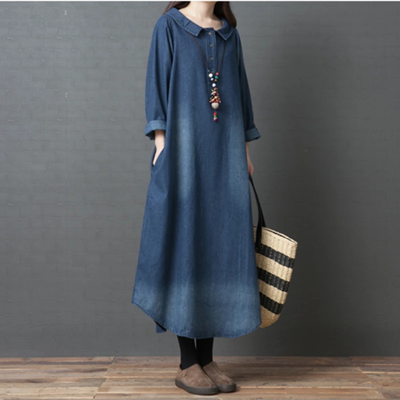 

Spring New Denim Long Dress 2019 Loose Turn-down collar Long Sleeve Cotton Blue Dress