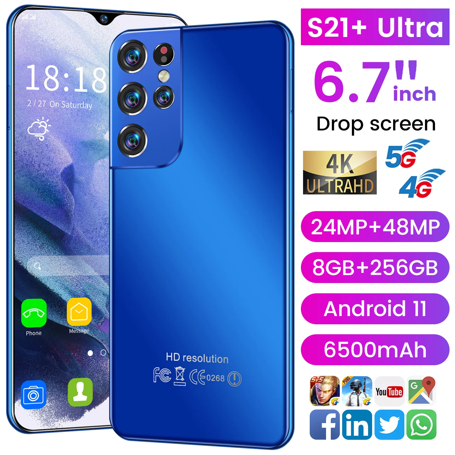 

Global Version Galxy S21+Ultra 6.7 Inch 8GB RAM 256GB ROM 24MP 48MP Andriod 11 Smart Phone MTK6889 5G Mobile Phone Black Blue