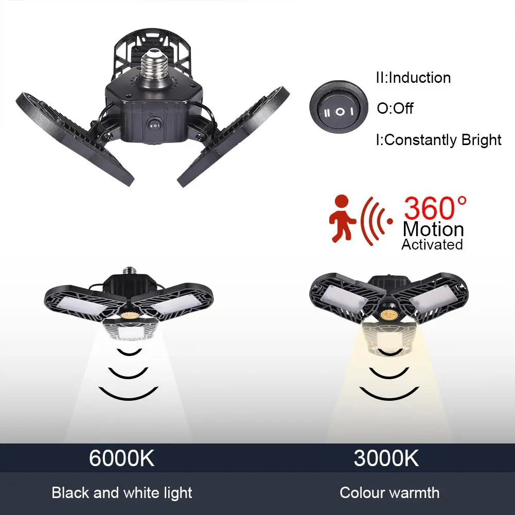 

80W/8000LM Motion Activated Light LED Adjustable Three Light Garage Lamp High Bay Light Warehouse Lamp 85-265v E27/E26