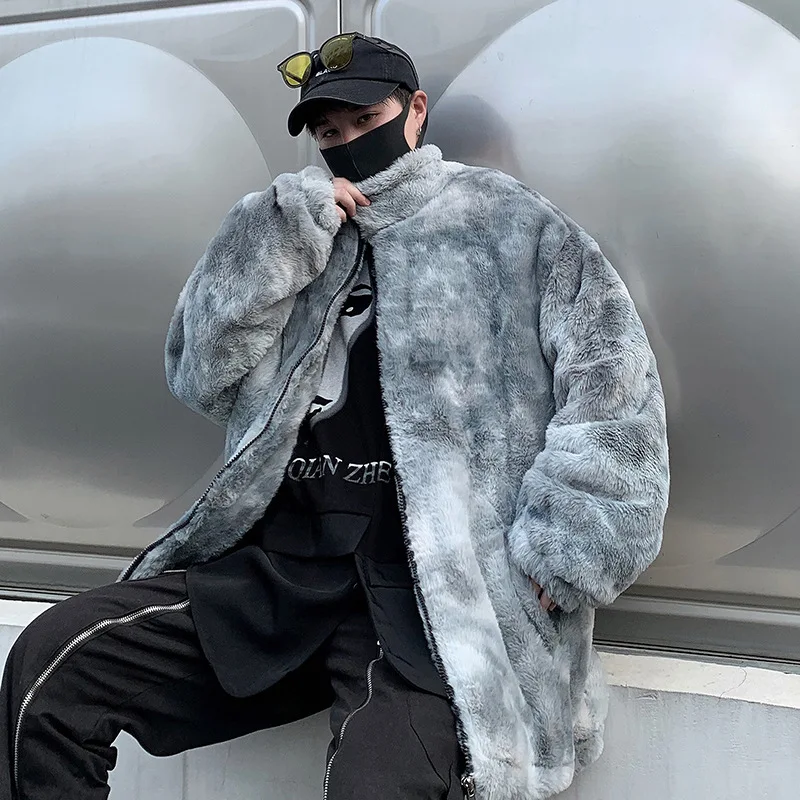 

Trendy Brand Tie-dye Lamb Wool Coat Dark Loose Large Size Stand-up Collar Casual Plus Velvet Thick Coat Winter Coat