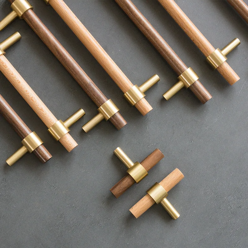 

KK&FING Wood Brass Cabinet Handles Kitchen Door Knobs Drawer Pulls Beech Wooden Handles For Furniture Hardware Brass Knob