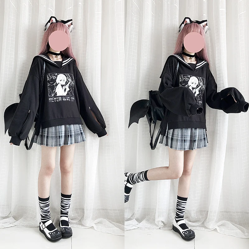 Navy Wind Gridrunner Girl Аниме панк уличная Толстовка Готическая японская Лолита Harajuku женские толстовки с матросским воротником панк