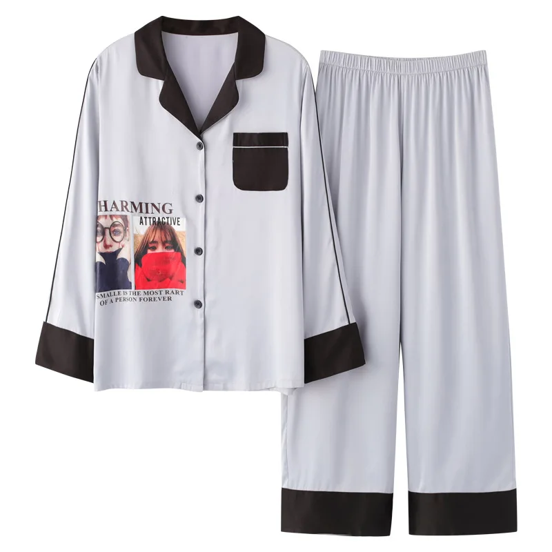 

2PCS Nightwear Long Sleeve Male Shirt&pant Embroidery Men Satin Pajamas Set Sleep Set Casual Soft Silky Sleepwear Homewear 3XL