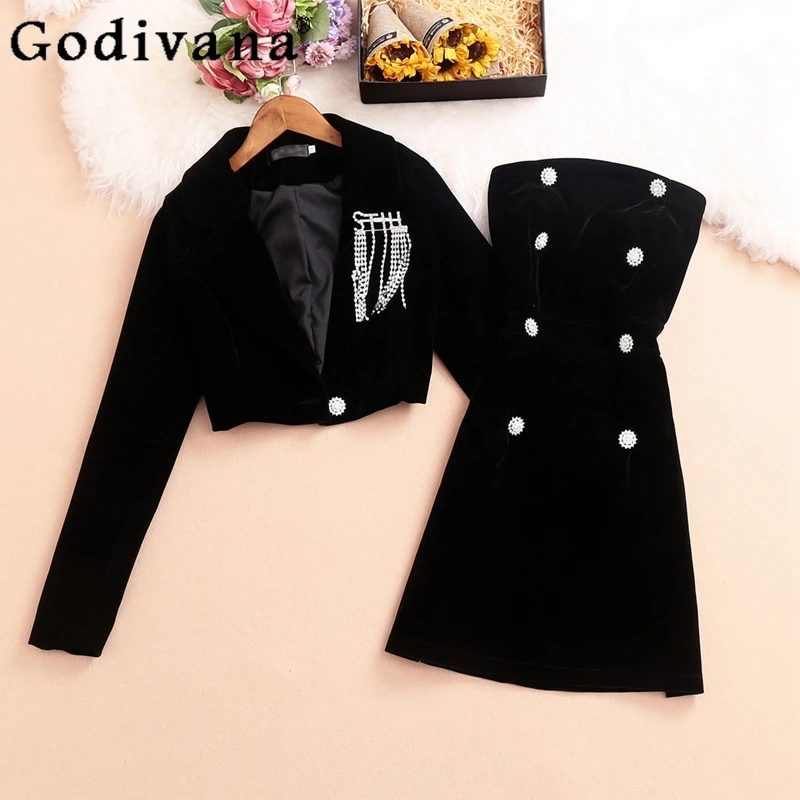 

Black Business Suit and Dress Two-Piece Set Women Short Suit Double Breasted Strapless Dress Set Brooch Coat Dress Set Female