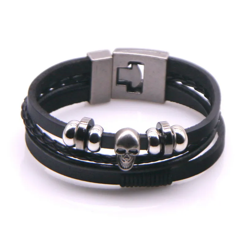 Мужские Многослойные браслеты черные кожаные в стиле панк с черепами модные для