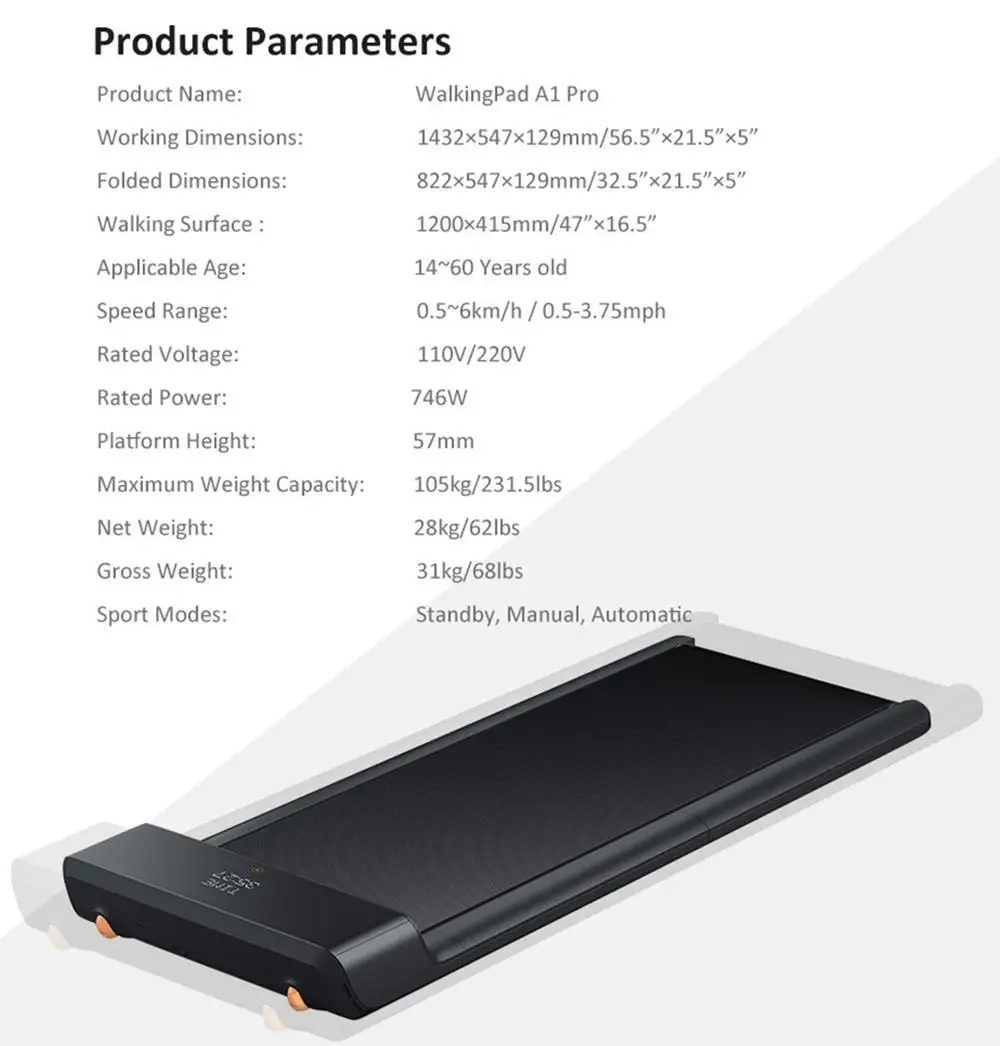 

WalkingPad A1 Pro Smart Walking Machine Foldable Electric Treadmill Intelligent Control Speed fitness para Home Gym Easy to Put