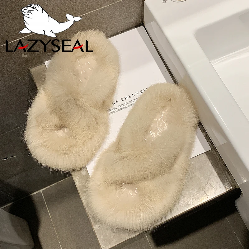 LazySeal/тапочки с натуральным кроличьим мехом женская обувь модные женские Вьетнамки, Повседневная плюшевая обувь на плоской подошве женские меховые домашние шлепанцы
