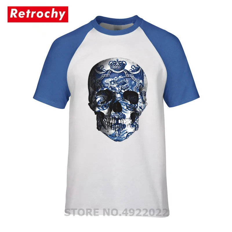 Футболка мужская с 3D принтом черепа из белого и синего фарфора|Мужские футболки| |