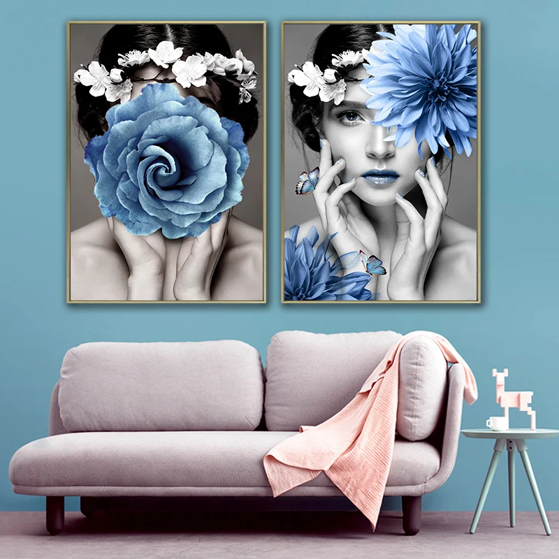 Настенное искусство современный популярный синий цветок фотография фоторамки