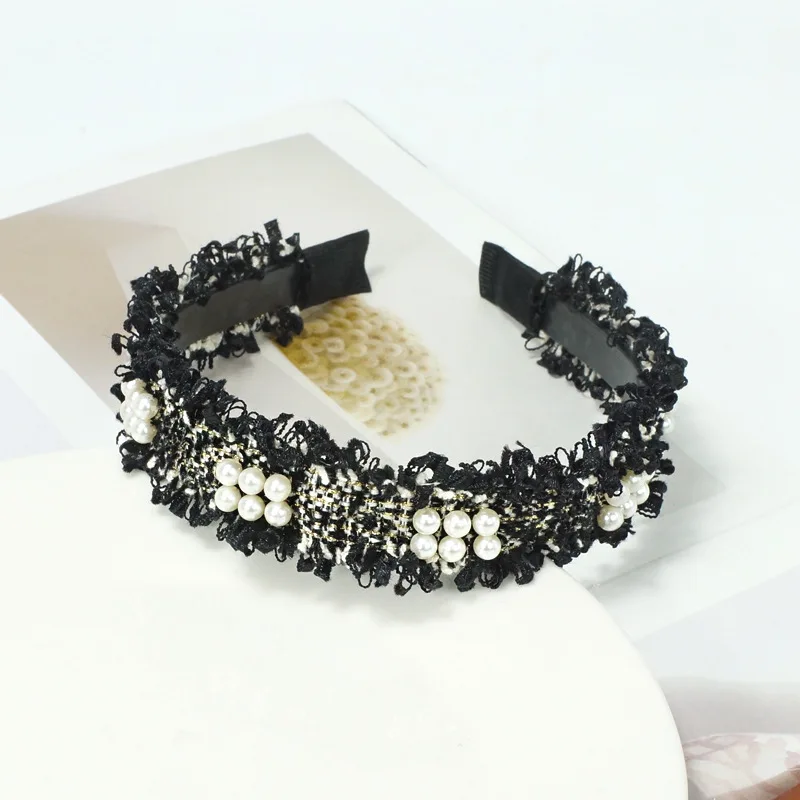 Женский жемчужный обруч для волос в Корейском стиле модная твидовая клетчатая