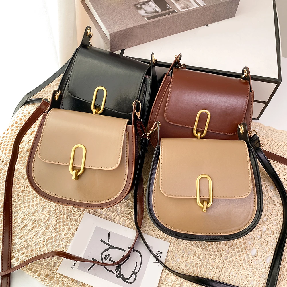 

Vintage Saddle Bag PU Leather Ladies Shoulder Bag Color Patchwork Crossbody Bag Popular Simple Female Daily Bag