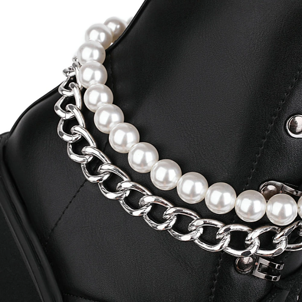 Gothic Black Ankle Motorcycle Boots Girls Autumn Winter 2021 Detachable Bead Chain PU Leather Wedges Dress Chunky Platfprm Shoes