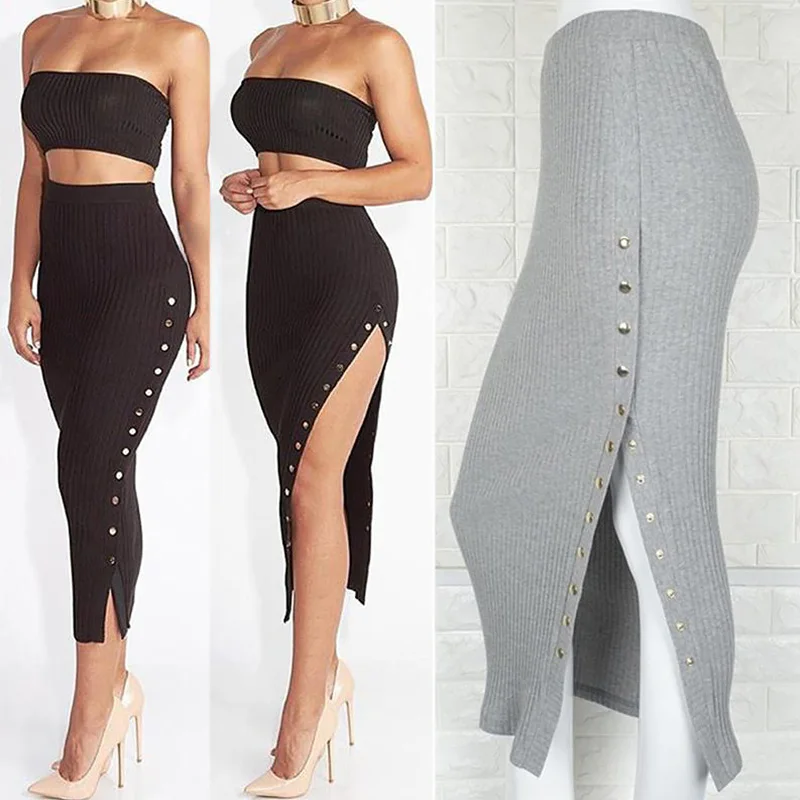 Прямые узкие пикантные с боковыми вязаный на пуговицах Декор Bodycon офисная одежда