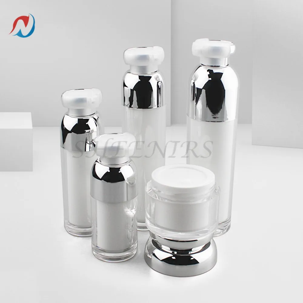 

Set of 1oz 2oz 3oz round plastic container cosmetic pump lotion acrylic airless spray bottle and cream jar for skin care